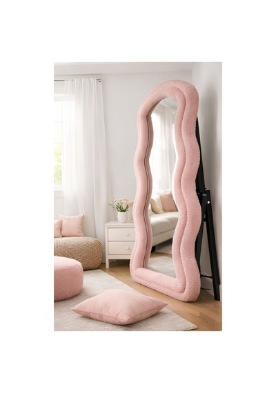 Melisa Serisi Ayaklı Kumaşlı Boy Aynası - Modern Dalgalı Tasarım Büyük Boy Ayna Pembe