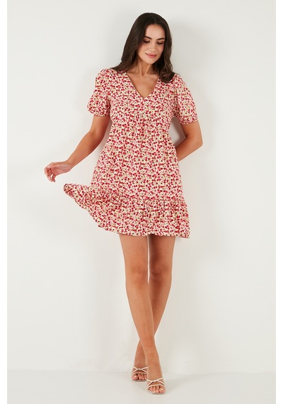 Lela Regular Fit V Yaka Balon Kol Desenli Mini Bayan Elbise 67810045 Pembe