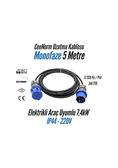 Bemis Elektrikli Araç Monofaze Uzatma Kablosu 32a 5 Metre 7,4 Kw 3/32a Fiş 3/32a Priz 3x6 Ttr 3/32a Fiş 3/32a Priz 3x6 Ttr