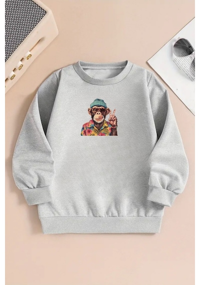 Unisex Maymun Baskılı Gri Bisiklet Yaka Sweatshirt-kışlık Şardonlu Kumaş Gri