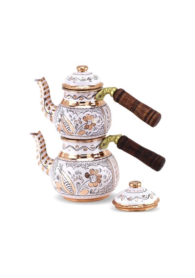 Gül Çiçek Küçük Beyaz Renk Bakır Çaydanlık 850 Ml
