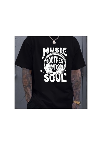 Caddemia Yaz Moda Rahat Gevşek Müzik Yatıştırıcı My Soul Desen Baskılı Spor Yuvarla Siyah 2XL