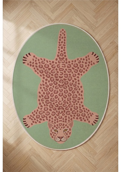 Leopar 02 Yeşil Pembe Leopar İnce Vintage Görünüm Şönil Dokuma Oval Oturma Odası Ev Mutfak Halısı