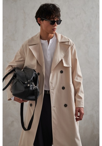 Erkek Kruvaze Yaka Oversize Trençkot Krem
