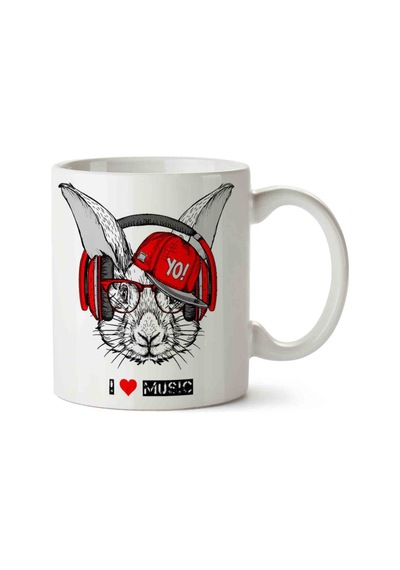 Müzik Dinleyen Tavşan Music Rabbit İki Tarafı Baskılı Kupa Bardak.jpg