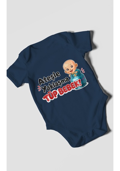 Morivokids Ateşle Yaklaşma Tüp Bebek Kısa Kollu Bebek Body %100 Pamuk Lacivert
