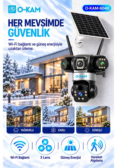 O-kam -6040 Wifi Solar 3 Lens Sirenli 9mp Gece Görüşlü Kamera