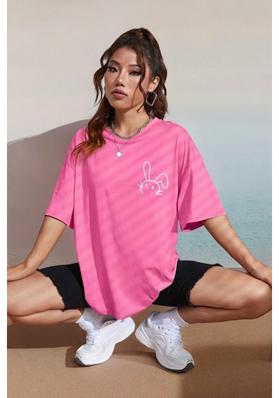 Flood Of Style Kadın Pembe Figür Tavşan Baskılı Oversize