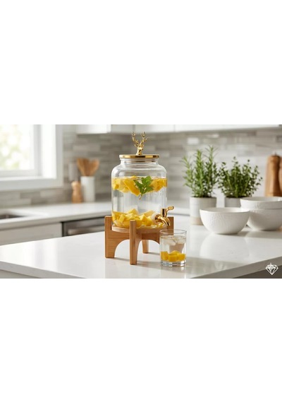 Geyik Figürlü Gold Lüks Cam İçecek Sebili - 3.6 Litre Bambu Standlı Meyve Suyu Kovası