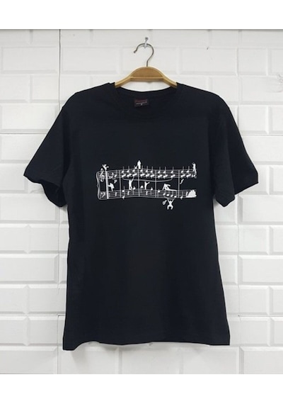 Unisex Siyah Nota Baskılı T-shirt SIYAH
