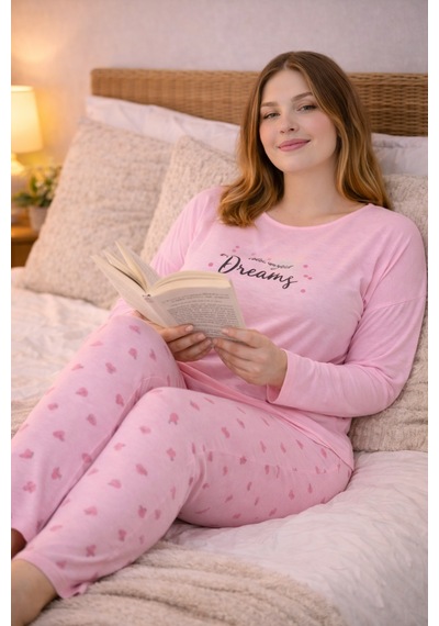 Nisanca Kadın Büyük Beden Uzun Kollu Rahat Pijama Takımı Yumuşak Dokulu Konforlu Ev Giyimi Pembe