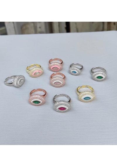 Beyaz Mineli Ortası Yeşil Taş Göz Gümüş Yüzük Pembe Altın