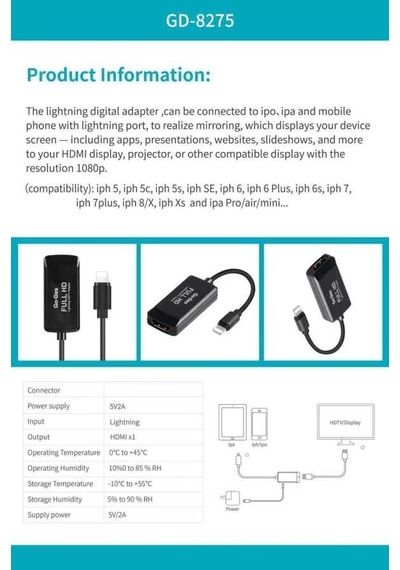 Go Des GD-8275 Lightning HDMI 2K Dönüştürücü Adaptör Lightning AV Kablo - Siyah ZORE-220456