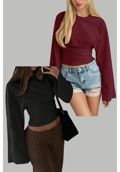 Siyah - Bordo 2li Paket Kadın Uzun Kollu Belden Oturtmalı Bluz Siyah - Bordo