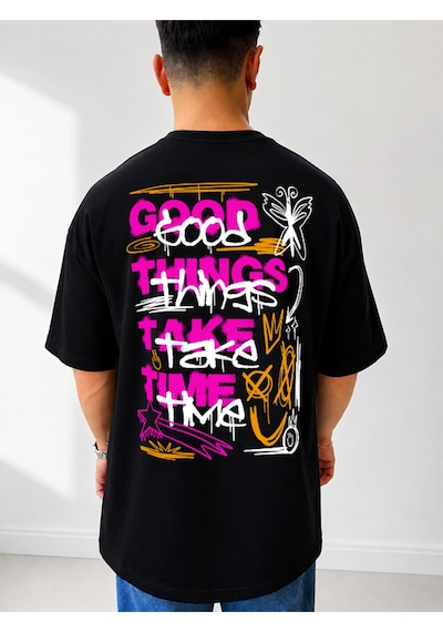 525 Oversize Sırt Baskılı Streetwear Unisex T-shirt Goodthingstaketime Siyah