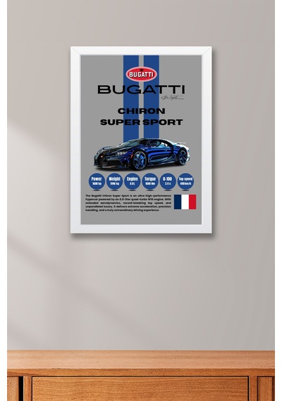 Bugatti Chiron Super Sport Araba Tablosu - Teknik Özellikli Otomobil Poster - Çerçeveli Duvar Dekoru Beyaz