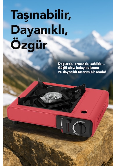 Portatif Kamp Ocağı - Taşıma Çantalı Gazlı Stop Emniyetli Ocak 34x28x11 Cm Kırmızı Kırmızı