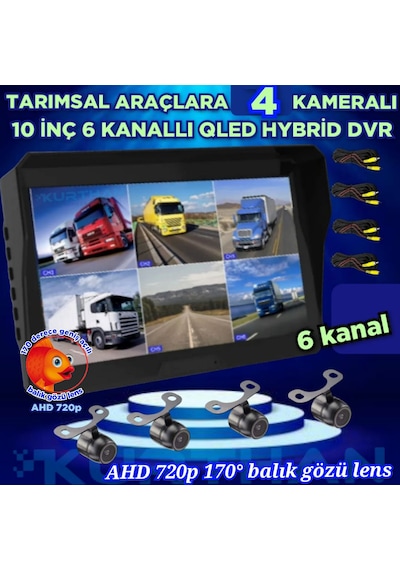 Ledsiz 4 Adet Ahd 720p Balık Gözü Kelebek Kamera 6 Kanallı 10 İnç Qled Ekran 256 Gb 12 Volt