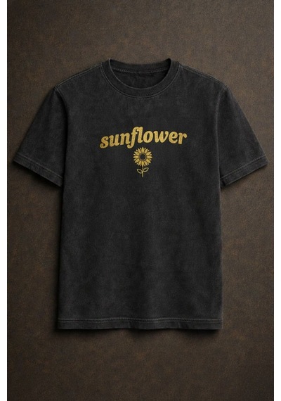 Technomonkey Sunflower Baskılı Yıkamalı Retro Unisex Tişört Siyah