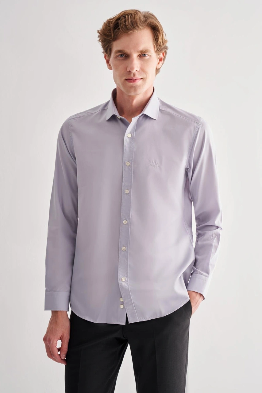 İmza Gri Yarım İtalyan Yaka Uzun Kol Slim Fit Pamuklu Gömlek 1004255180 Gri