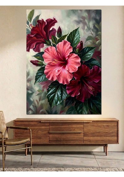 Pembe Hibiskus Üç Çiçek Ve Yapraklı Dekoratif Kanvas - Mdf Ahşap Tablo Çok Renkli