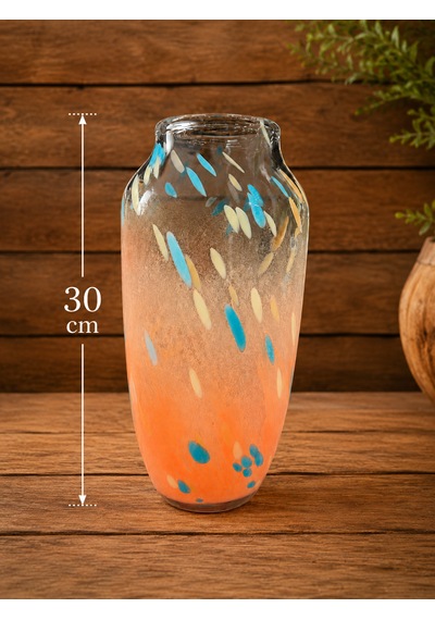 Cam Üfleme Tekniği Dekoratif Cam Vazo 30 Cm Turuncu Mavi Desenli Şık Salon Ve Masa Vazosu .