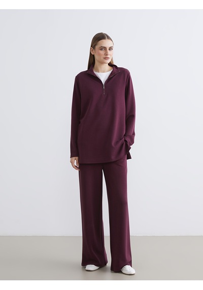 Lcw Everyday Bordo Dik Yaka Çizgili Oversize Kadın Tişört
