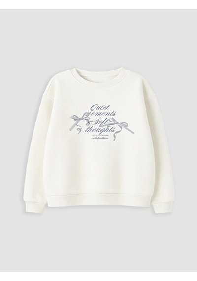 Lc Waikiki Ekru Bisiklet Yaka Nakışlı Kız Çocuk Kalın Sweatshirt Ecru