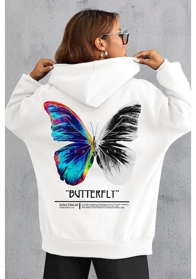 Uyguntarz Unisex Butterfly Sırt Baskılı Sweatshirt beyaz