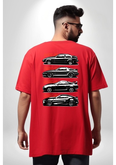Toyota Supra Mk Serisi Kırmızı Oversize Unisex Ön Ve Sırt Baskılı Tişört Kırmızı