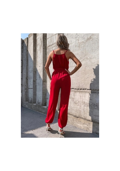 Butik İstanbul Kadın Ip Askılı Kruvaze Yakalı Belden Kuşaklı Uzun Sandy Tulum Kırmızı
