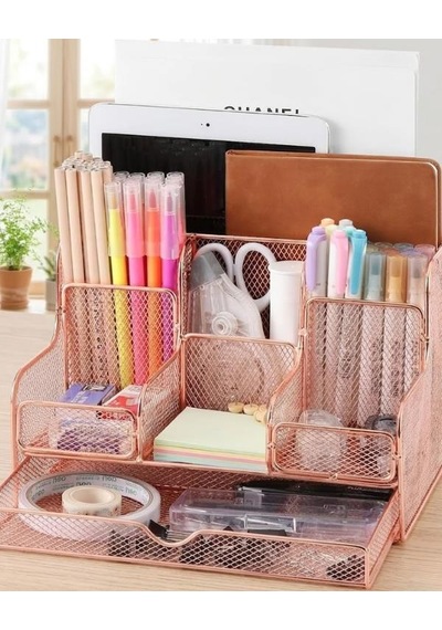Temel Rose Gold Metal Mesh Masaüstü Organizer Çekmeceli Çok Bölmeli 25x17x16 Cm 9527r