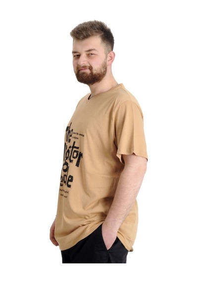 Mode Xl Büyük Beden Erkek V Yaka T-Shirt Allıgator Bej 001