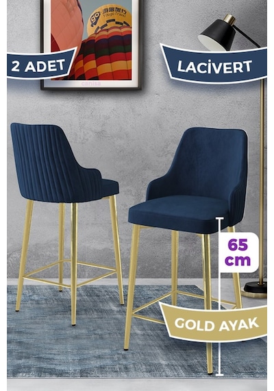 Canisa Tera Serisi 2 Adet Babyface Kumaş 65 Cm Gold Kaplama Ayaklı Lacivert Bar Sandalyesi Lacivert Sandalye Gold Kaplama Ayak