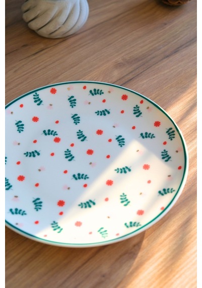 Tabak Evi Porselen Yeşil Çiçekli Pasta Tabağı Yeşil Fileli 20,50cm Krem