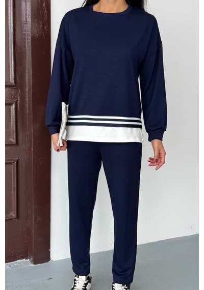 Ded Collectıon Kadın Yanı Yırtmaçlı İnce Şerit Detaylı Uzun Kol Sweatshirt Modal Takım Lacivert Ded Collectıon Kadın Yanı Yırtmaçlı İnce Şerit Detaylı Uzun Kol Sweatshirt Modal Takım Lacivert
