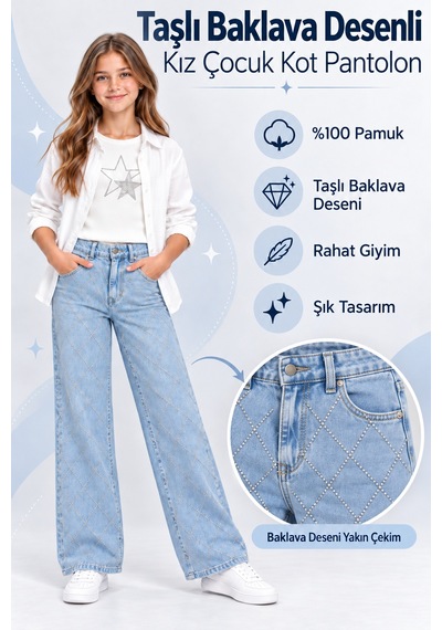 Ahengim Kemerli Boru Paça Taşlı Kız Pantolon Ak2788 Buz Mavisi