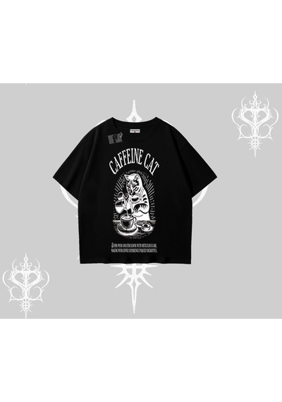 Startmore Startmore Oversize Tshirt Caffeine Cat Kahve Temalı Kedi Baskılı Siyah