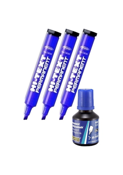 Mavi Kesik Uçlu Markör Permanent Kalem 3 Adet Hı-text Marker Mürekkep Siyah 30 Ml 1 Adet Brons Koli Kalemi