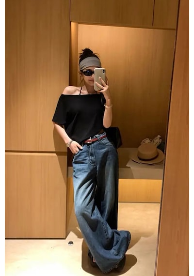 Siyah 5li Paket Kadın Düşük Omuz Kayık Yaka Oversize T-shirt Siyah - Siyah - Siyah - Siyah - Siyah