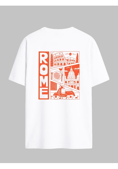 Black Nova Oversize Baskılı Unisex Tişört Rome Stamp Beyaz