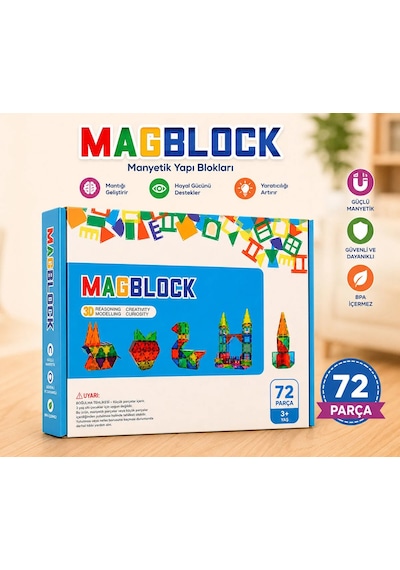 72 Parça Manyetik Yapı Blokları - Tamamı Mıknatıslı - Destekleyici Set - Tüm Markalarla Uyumlu.