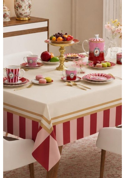 Vivanni Home Yıkanabilir Dikdörtgen Masa Örtüsü Günlük Kullanıma Uygun Pratik Ve Uzun Ömürlü Çizgili Pembe