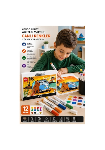 12 Renk Akrilik Markör Keçeli Kalem 1 Paket Cengo 12 Li Acrylic Marker Taş Cam Metal Seramik Plastik Tuval Ahşap