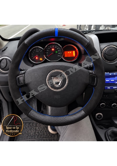 Dacia Stepway Dikme Direksiyon Kılıfı Alcantara Süet Mat Karbon Mavi Yüzük Ve Dikiş 2012-2016