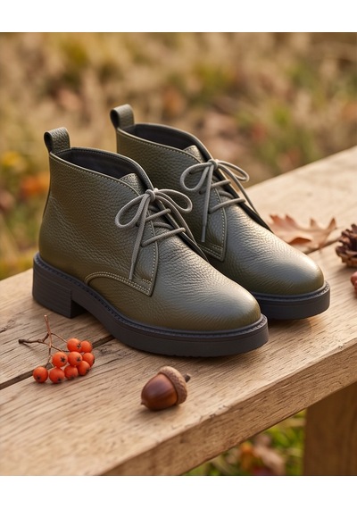 Futsishoes Aspen Haki Hakiki Deri Bağcıklı Kısa Günlük Kadın Bot