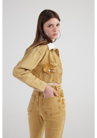 Holly Lolly Mermer Desenli Çıkarılabilir Yaka Detaylı Crop Kesim Cepli Rusted Jean Ceket Camel