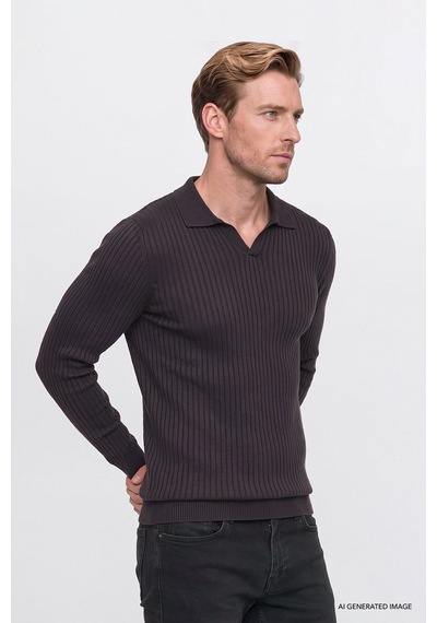 Ac&Co / Altınyıldız Classics Erkek Kahverengı Standart Fit Normal Kesim Polo Yaka Jakarlı Triko Kazak Kahverengi