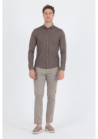 İmza Koyu Haki İtalyan Düğmeli Yaka Uzunkol Cepsiz Slim Fit Gömlek 1004250254 Koyu Haki