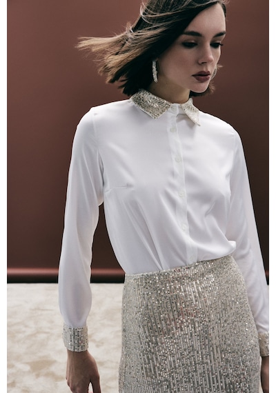 Sateen Payet Detaylı Saten Gömlek - Bej-136686 bej